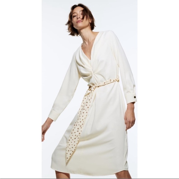 NWT ZARA Cream Knot Front Midi Dress with Polka Dot Belt XS Blogger Fav - Picture 3 of 16